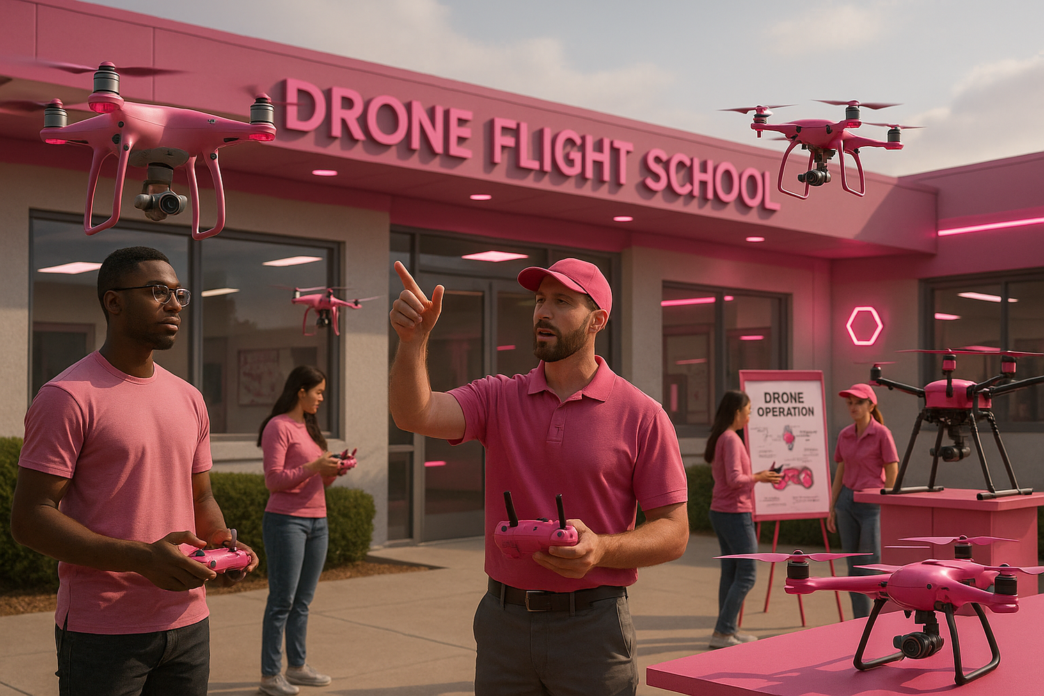 create a image representing drone flight school and make it realistic and I want the picture to be the color pink
