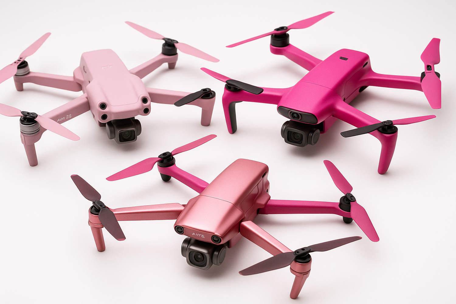 create a picture of 3 realistic drones all different models all in pink 